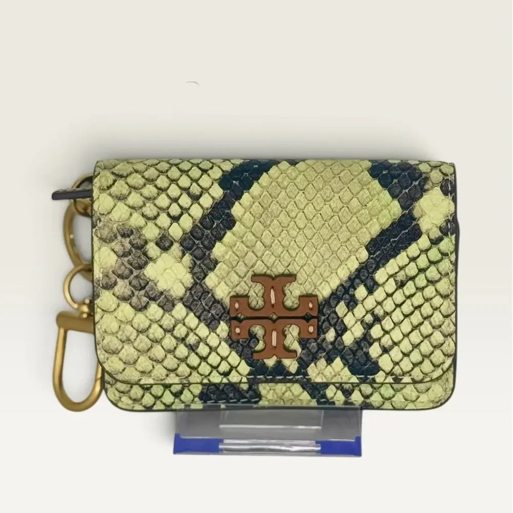 NEW $198 Tory Burch Flap Card Case Wallet Snake Python Animal Exotic Mint Green